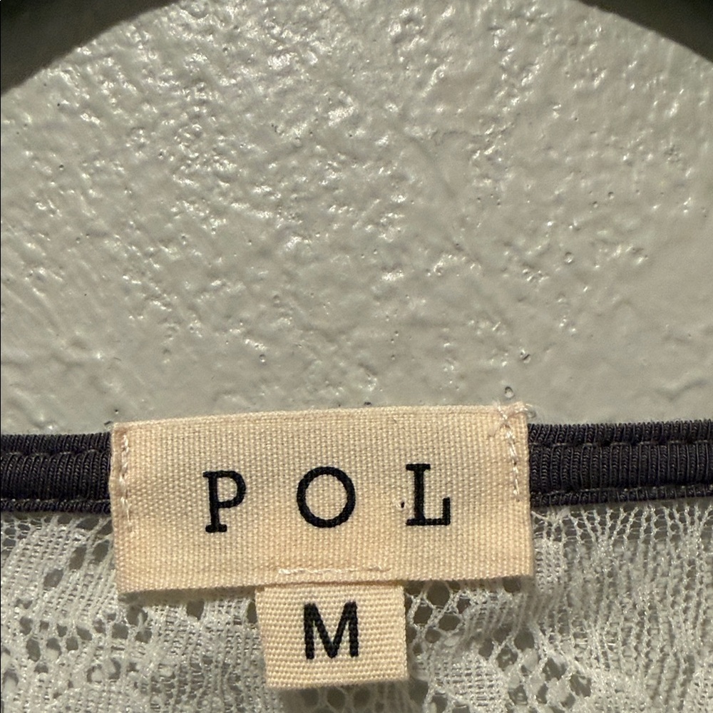 POL Black Long Sleeve Top with White Lace Insets. PTP 21”, Length 27” - Picture 3 of 5